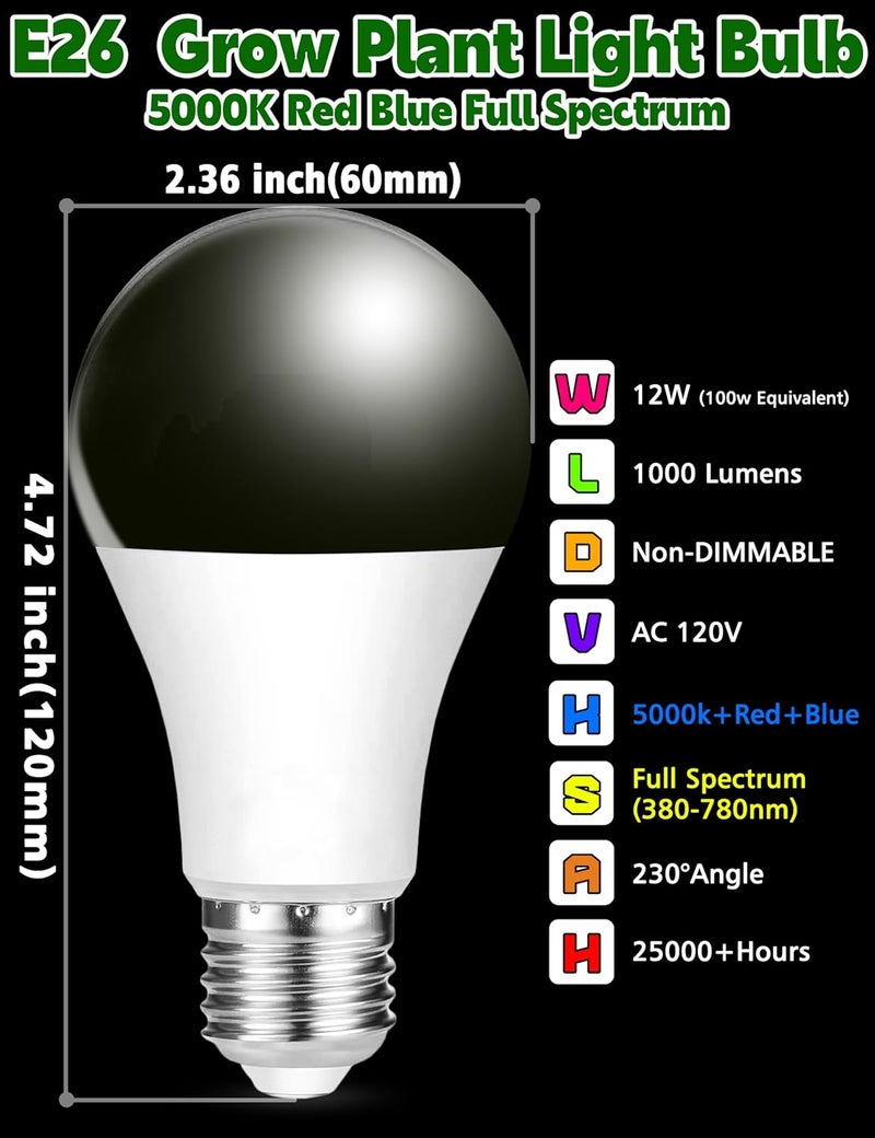 Xyanmc مصباح نمو LED كامل الطيف 5000K أحمر أزرق يعادل 100 واط، A19 E26 12 واط مصابيح ضوء الشمس للنباتات للزهور، بدء البذور، النمو الداخلي، الدفيئة، 6 عبوات - Image 4
